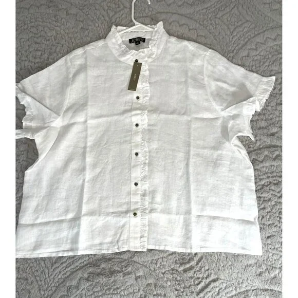 J. Crew White Ruffle Trim Button Up Shirt In 100 % Linen Size 2X New Collared - Picture 1 of 6